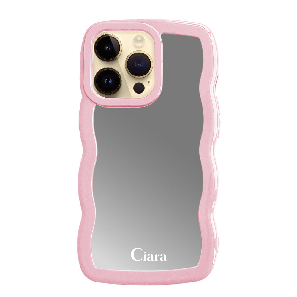 iPhone14Proケース ウェーブ ミラーケース ロゴ ピンク