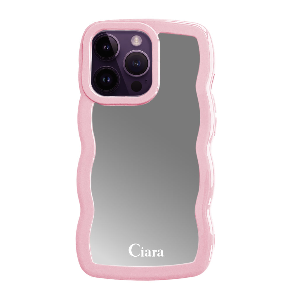 iPhone14ProMaxケース ウェーブ ミラーケース ロゴ ピンク