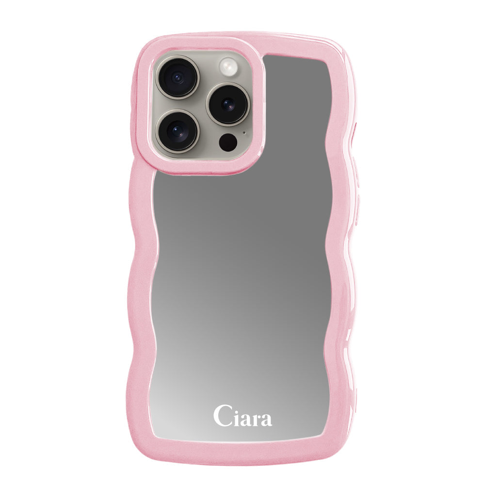 iPhone15Proケース ウェーブ ミラーケース ロゴ ピンク