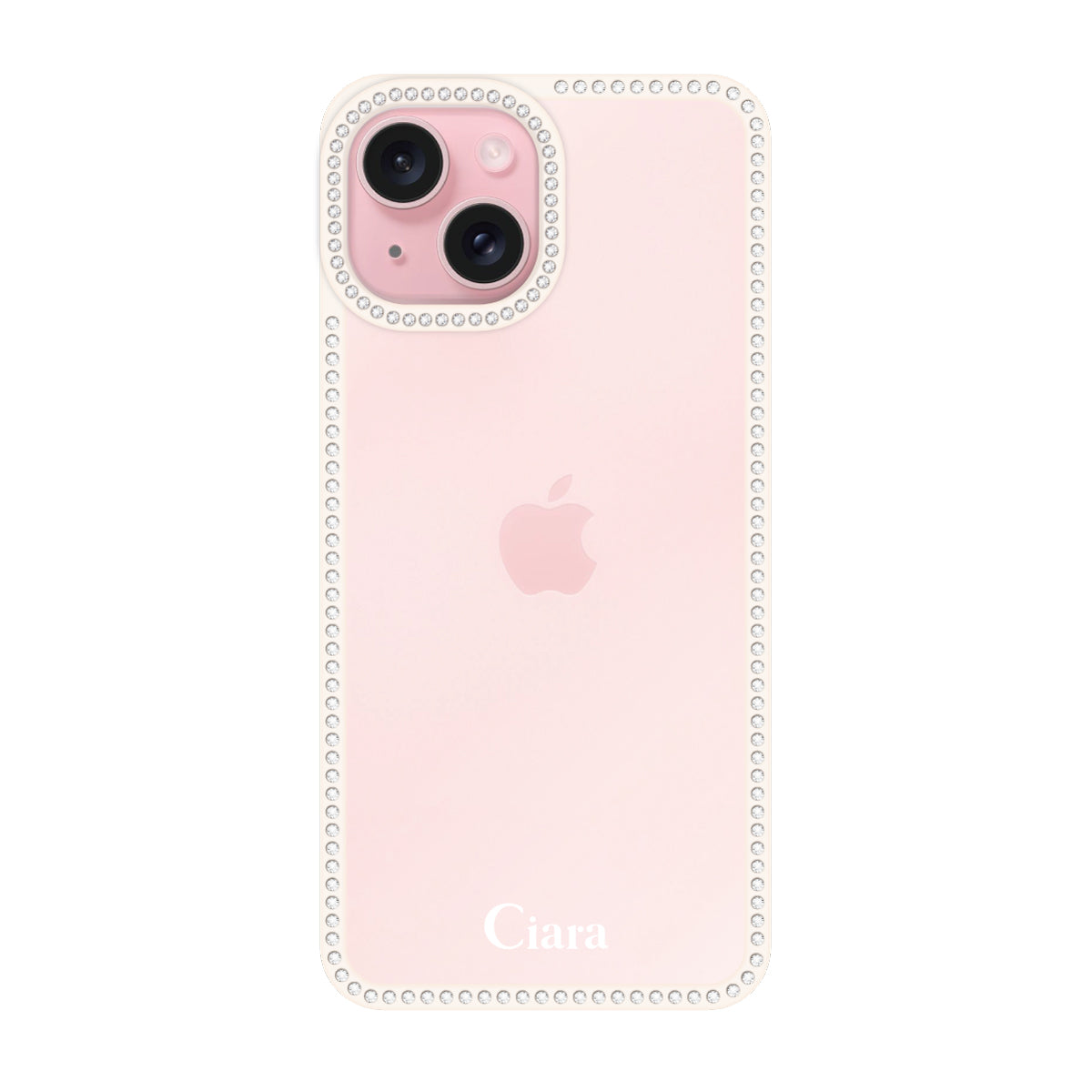 iPhone15 ラインストーンフレームクリア クリア ラインストーンフレームケース ロゴ ホワイト