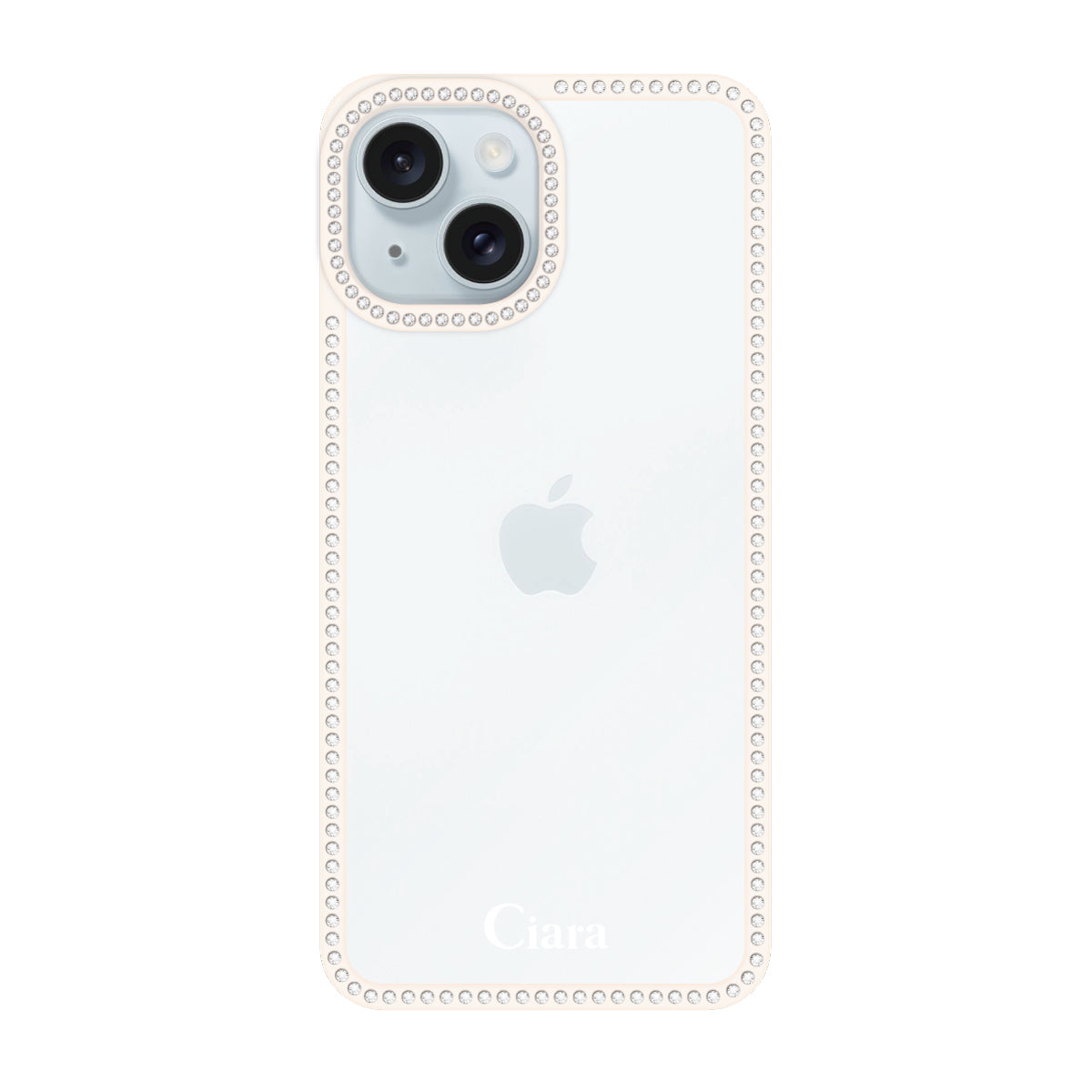 iPhone15Plus/14Plus ラインストーンフレームクリア クリア ラインストーンフレームケース ロゴ ホワイト