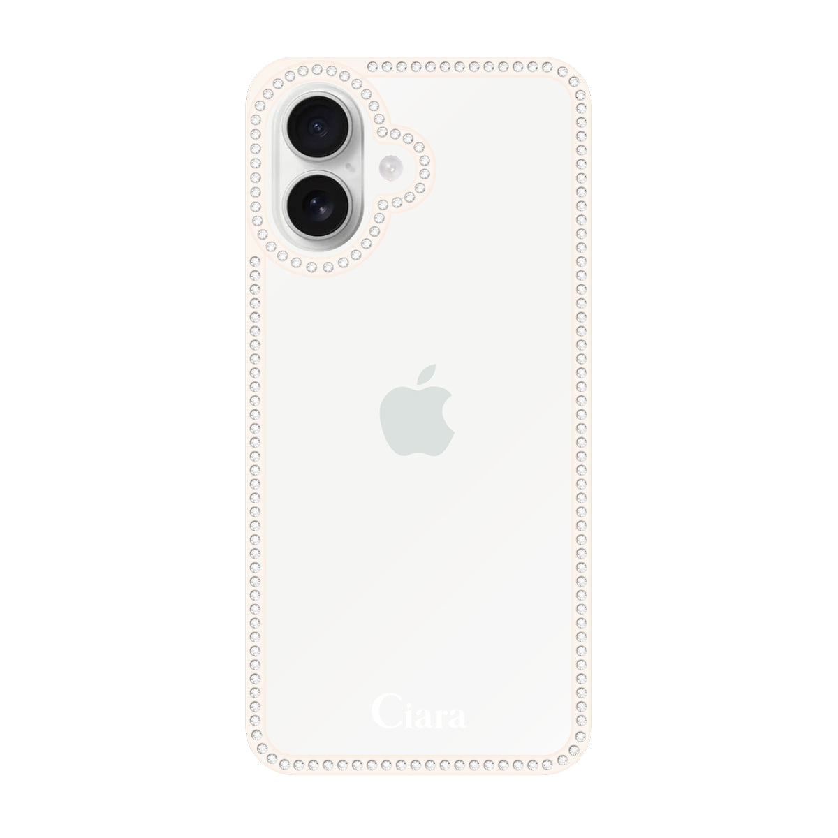 iPhone16 ラインストーンフレームクリア クリア ラインストーンフレームケース ロゴ ホワイト
