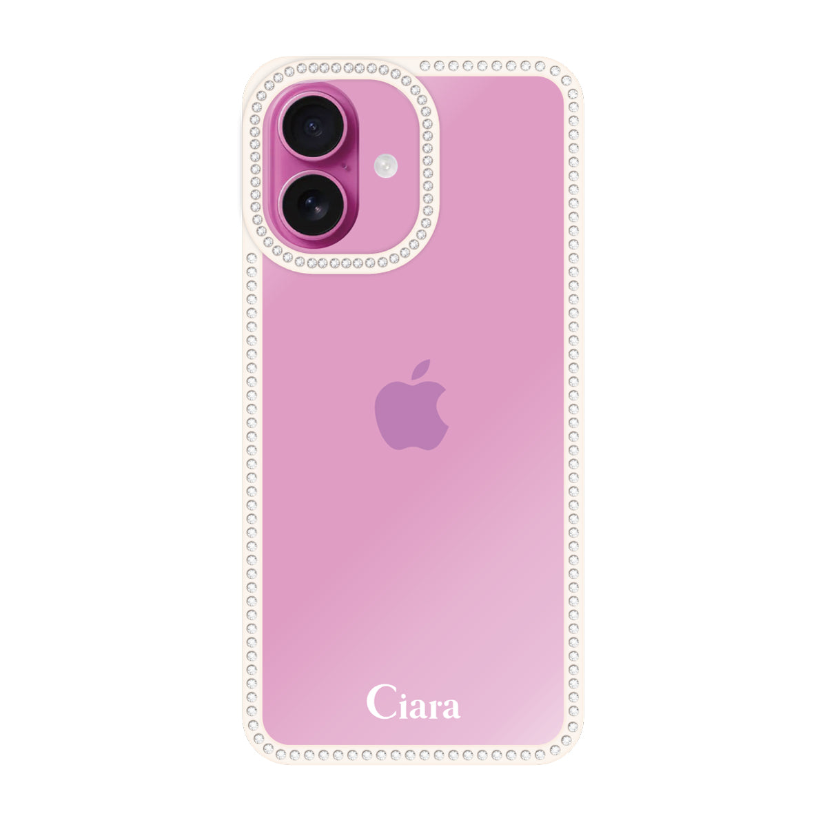 iPhone16Plus ラインストーンフレームクリア クリア ラインストーンフレームケース ロゴ ホワイト