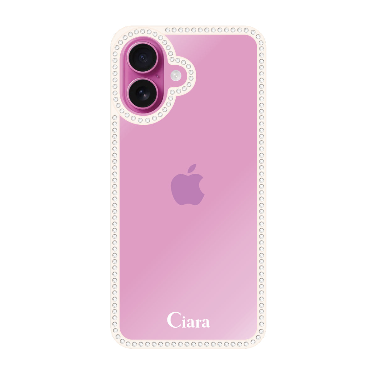 iPhone16Plus ラインストーンフレームクリア クリア ラインストーンフレームケース ロゴ ホワイト