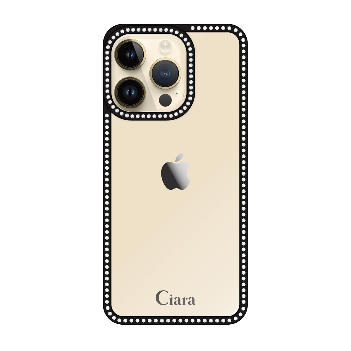 iPhone14Pro ラインストーンフレームクリア クリア ラインストーンフレームケース ロゴ ブラック