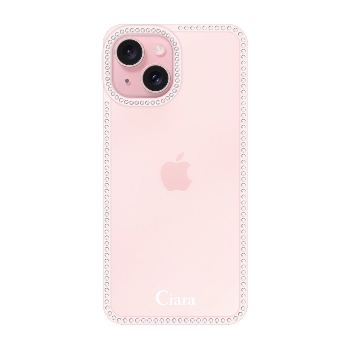 iPhone15 ラインストーンフレームクリア クリア ラインストーンフレームケース ロゴ ピンク