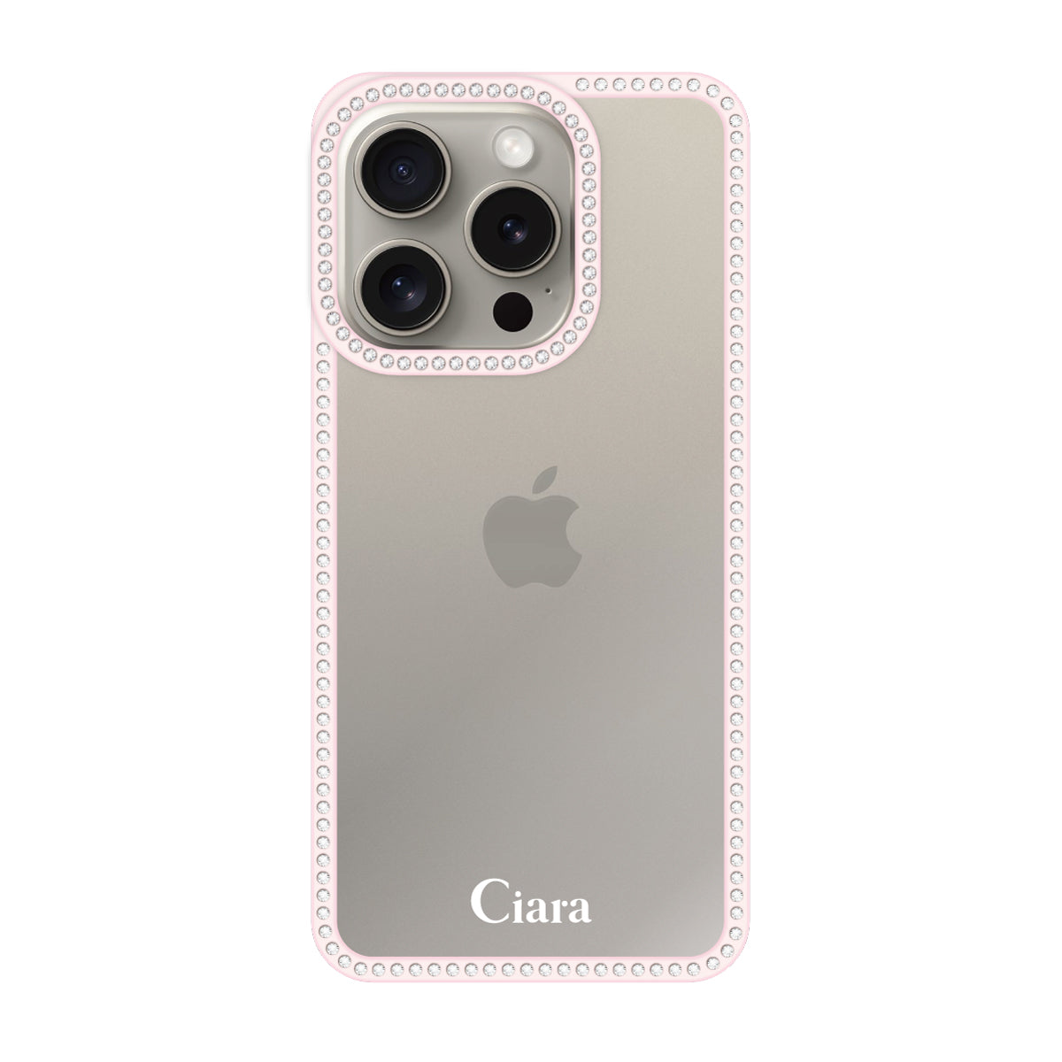 iPhone15Pro ラインストーンフレームクリア クリア ラインストーンフレームケース ロゴ ピンク