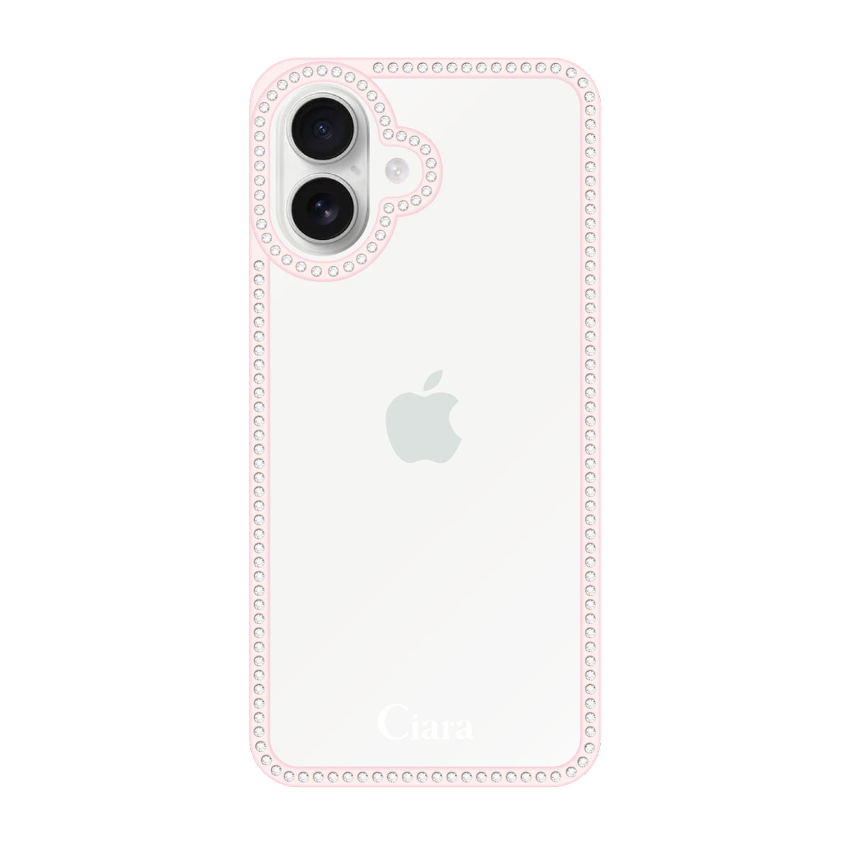 iPhone16 ラインストーンフレームクリア クリア ラインストーンフレームケース ロゴ ピンク