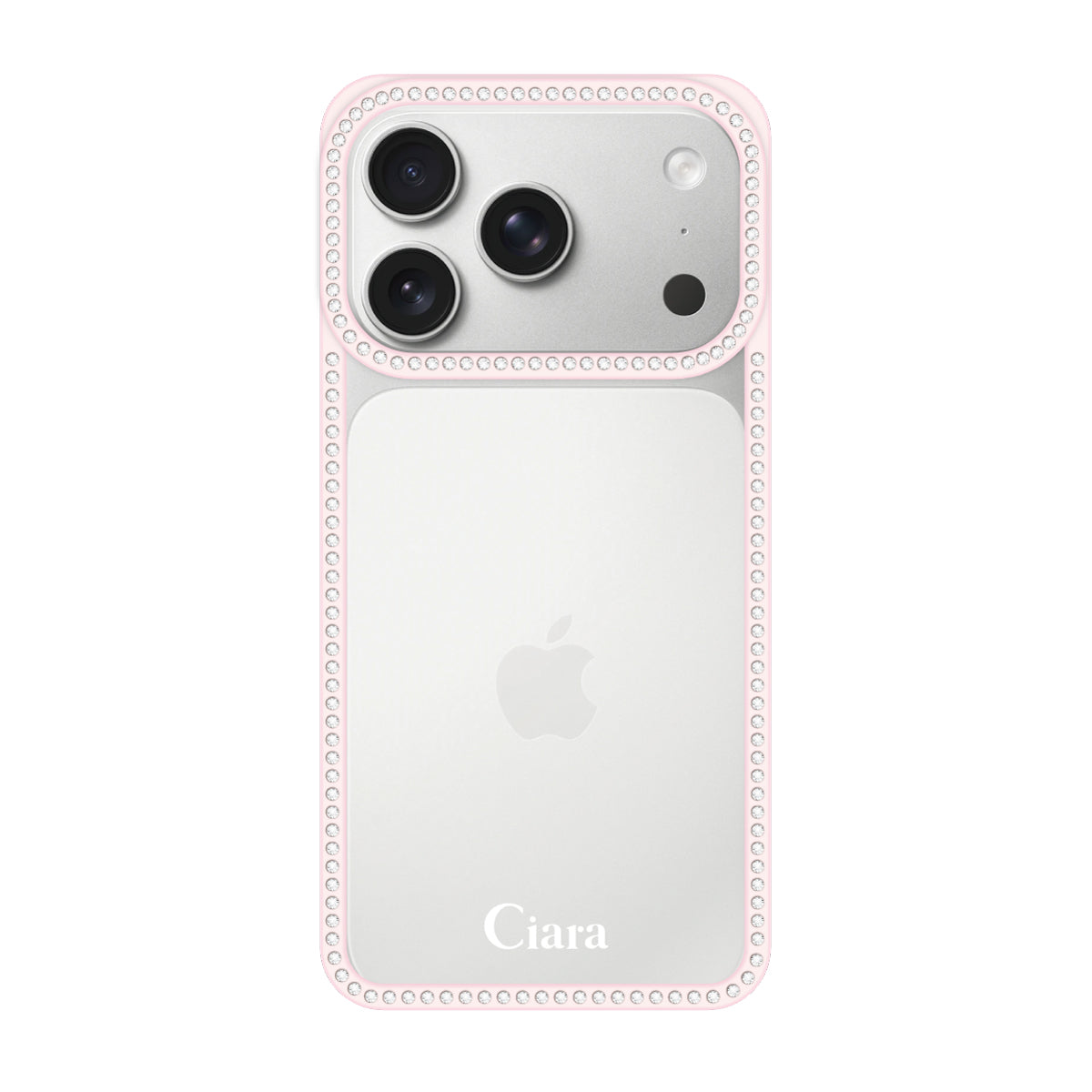 iPhone17Pro ラインストーンフレームクリア クリア ラインストーンフレームケース ロゴ ピンク