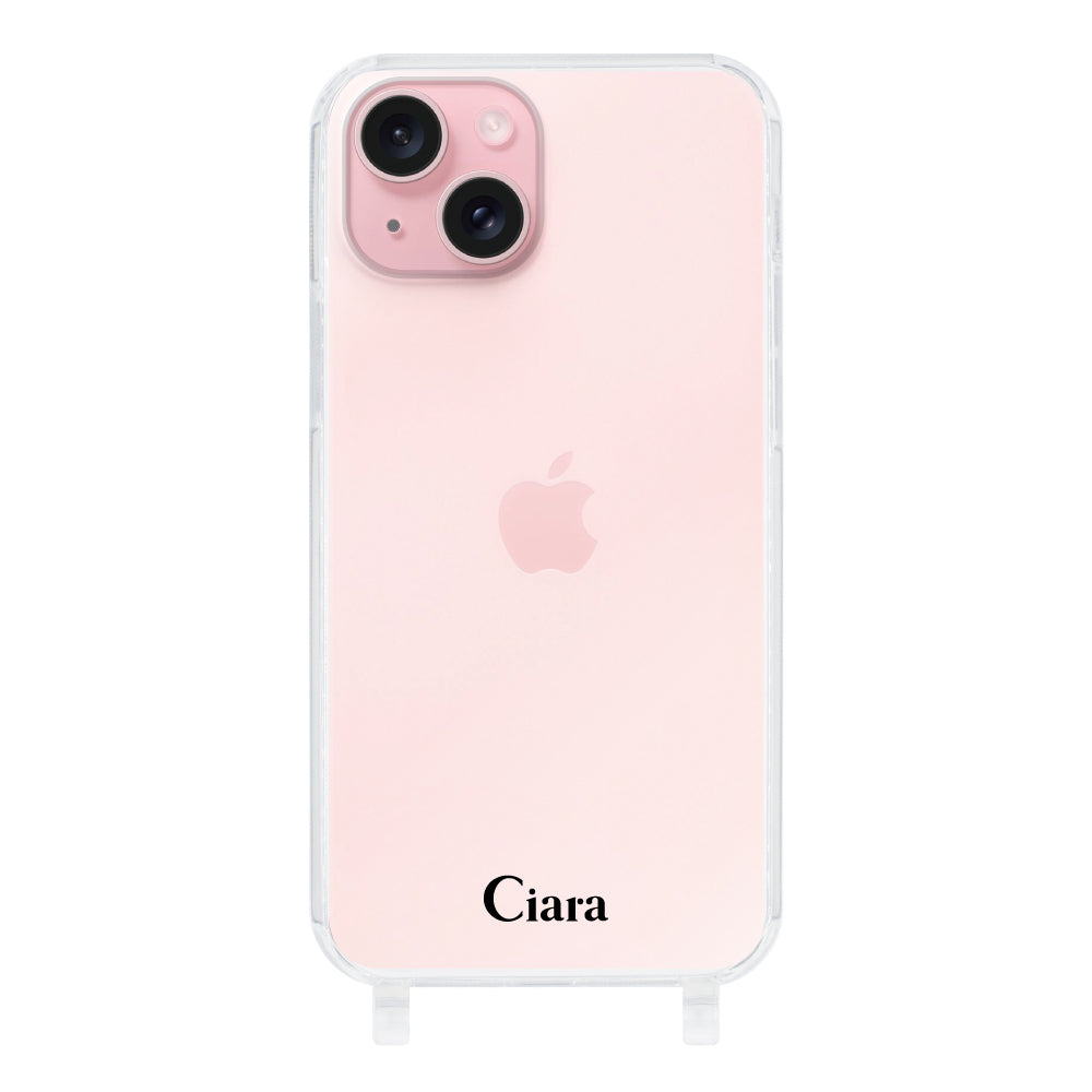iPhone15 ストラップクリアケース ロゴ ブラック