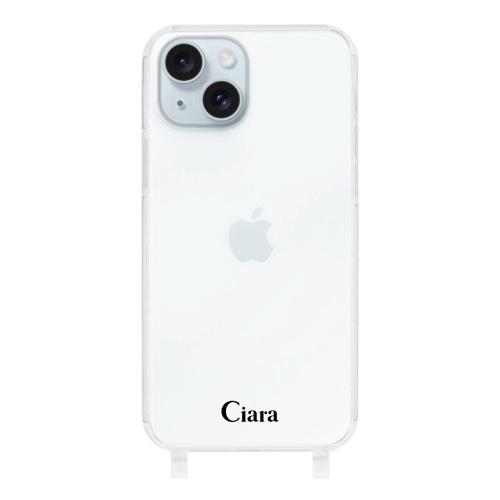 iPhone15Plus ストラップクリアケース ロゴ ブラック