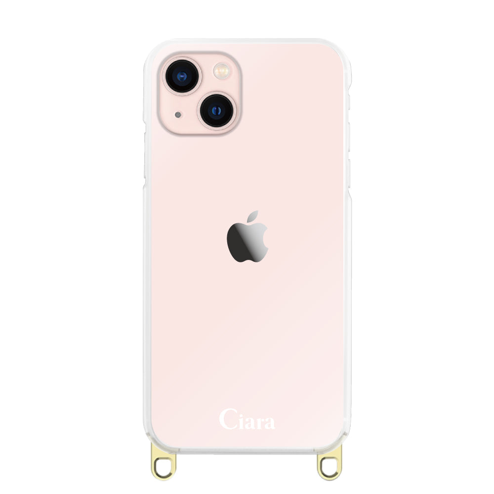 iPhone13 ストラップクリアケース ロゴ ゴールド