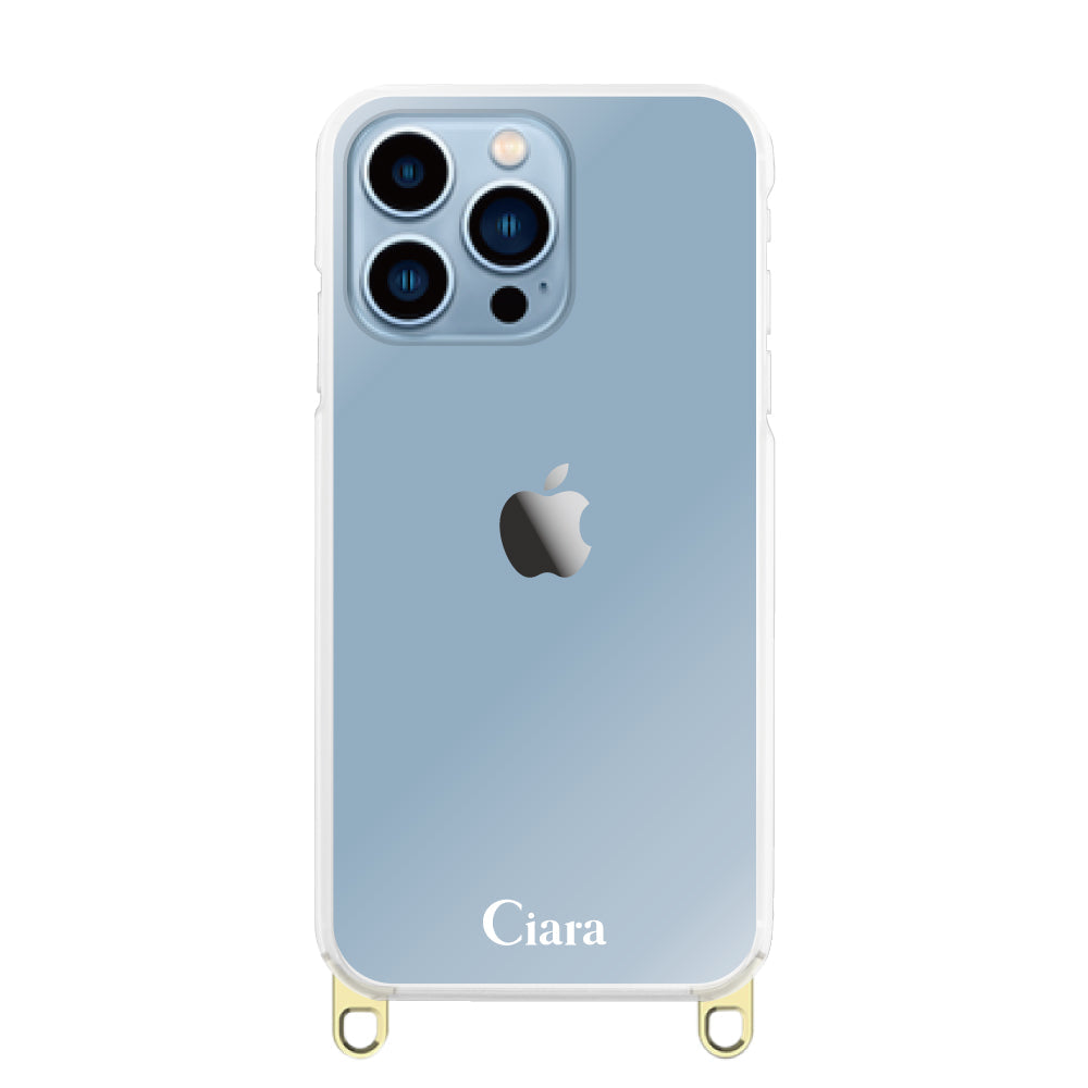 iPhone13ProMax ストラップクリアケース ロゴ ゴールド