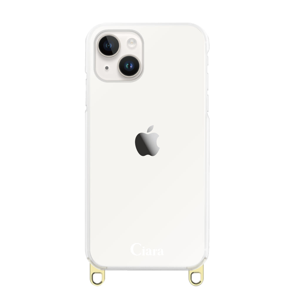 iPhone14 ストラップクリアケース ロゴ ゴールド