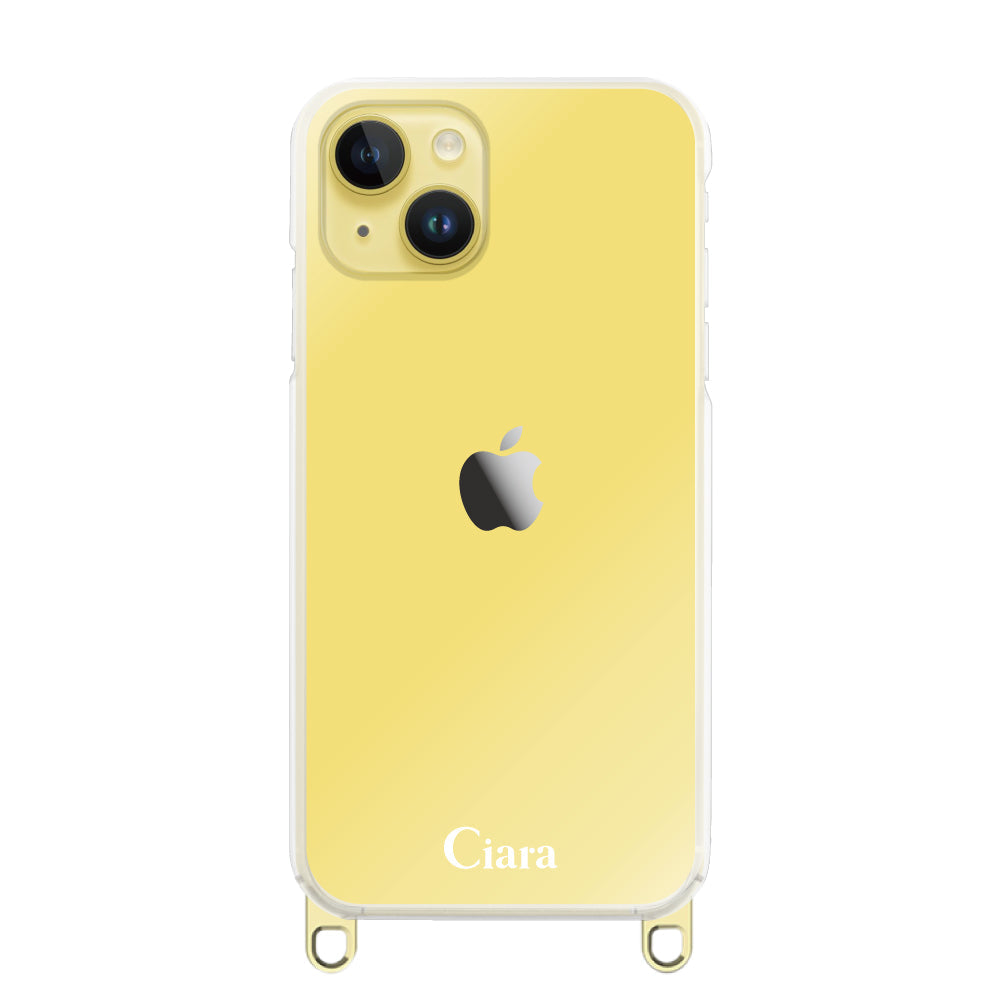 iPhone14Plus ストラップクリアケース ロゴ ゴールド
