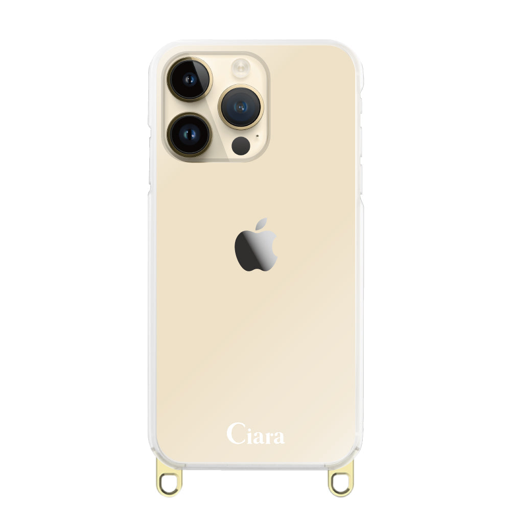 iPhone14Pro ストラップクリアケース ロゴ ゴールド