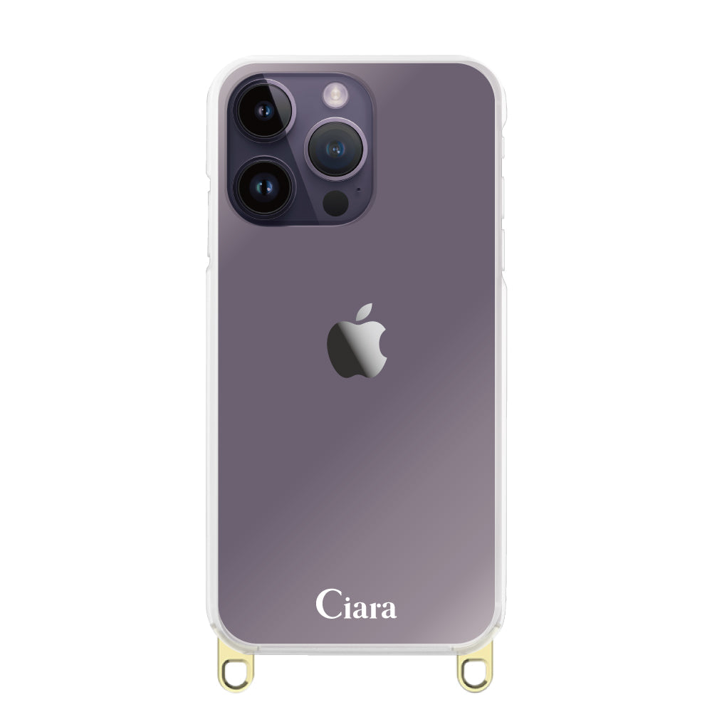 iPhone14ProMax ストラップクリアケース ロゴ ゴールド