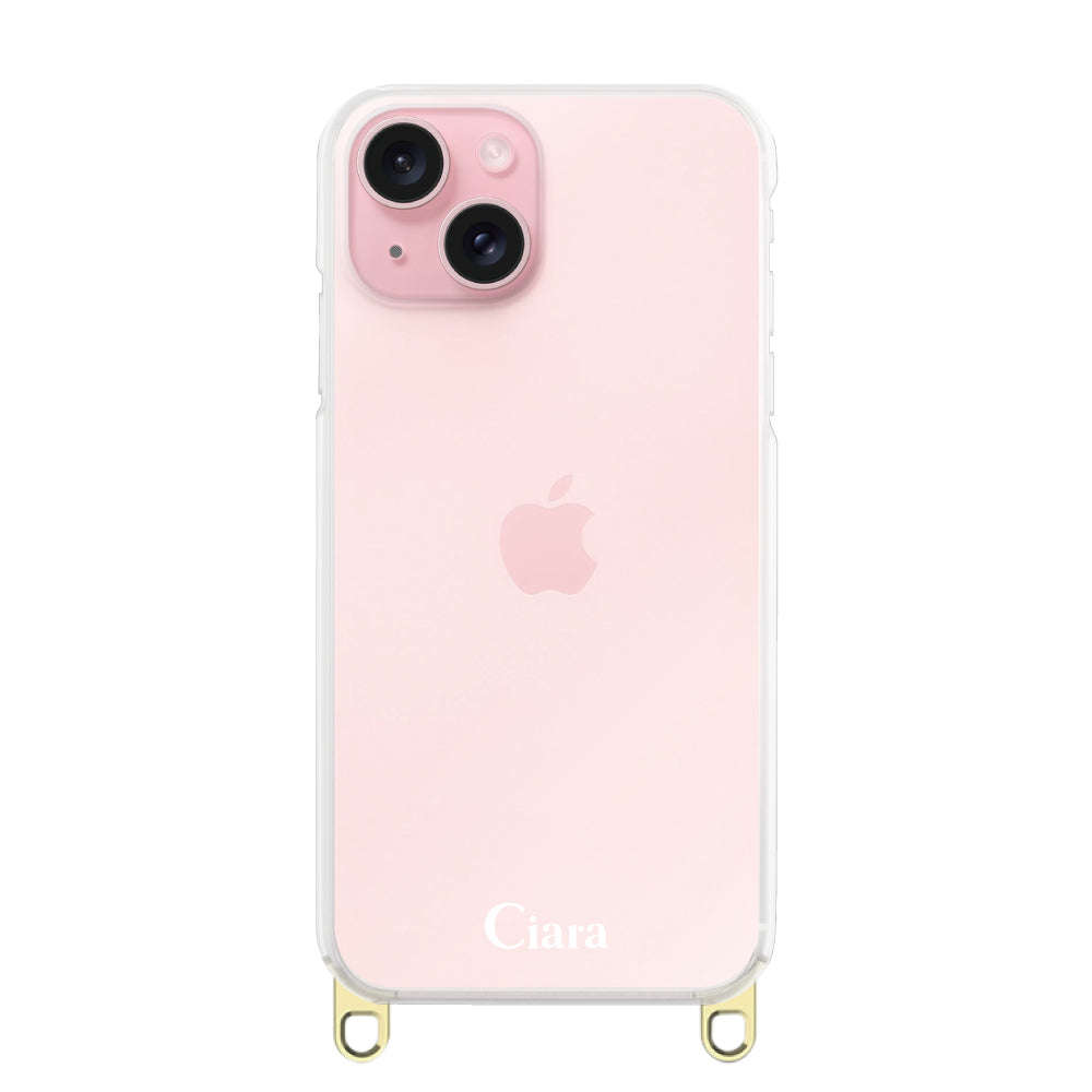 iPhone15 ストラップクリアケース ロゴ ゴールド