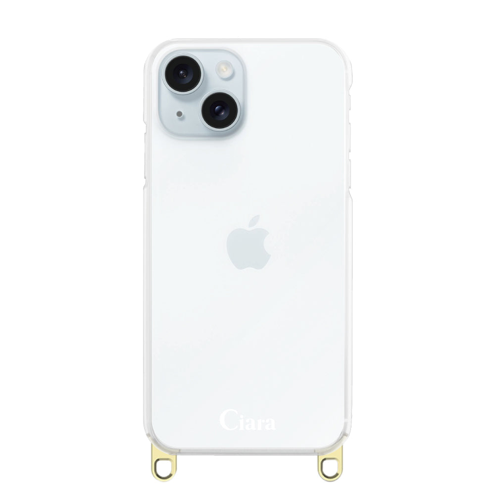 iPhone15Plus ストラップクリアケース ロゴ ゴールド