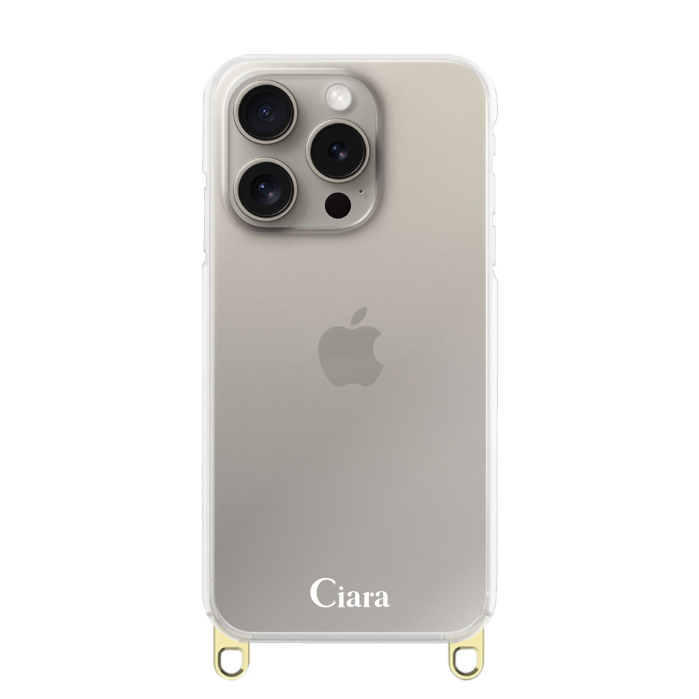iPhone15Pro ストラップクリアケース ロゴ ゴールド