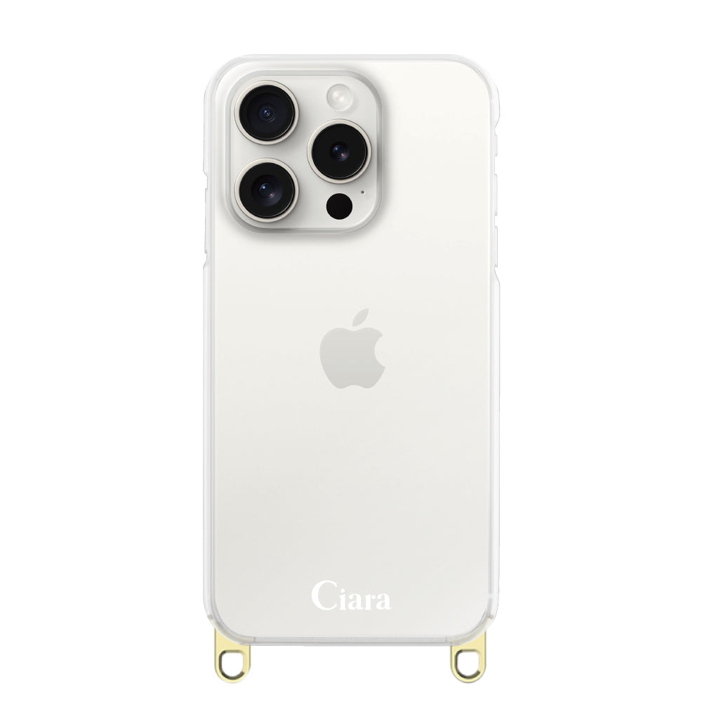 iPhone15ProMax ストラップクリアケース ロゴ ゴールド