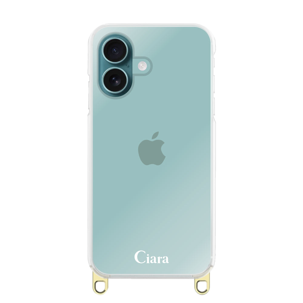 iPhone16Plus ストラップクリアケース ロゴ ゴールド