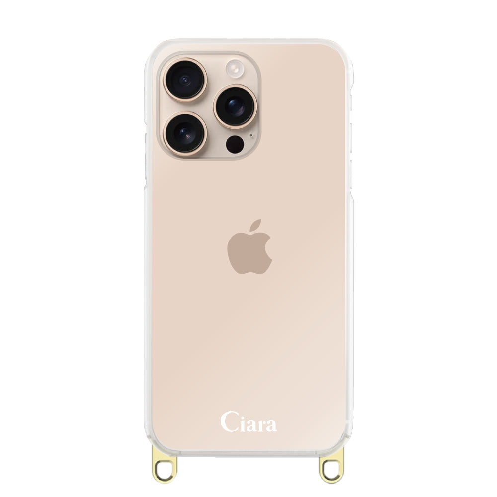 iPhone16Pro ストラップクリアケース ロゴ ゴールド
