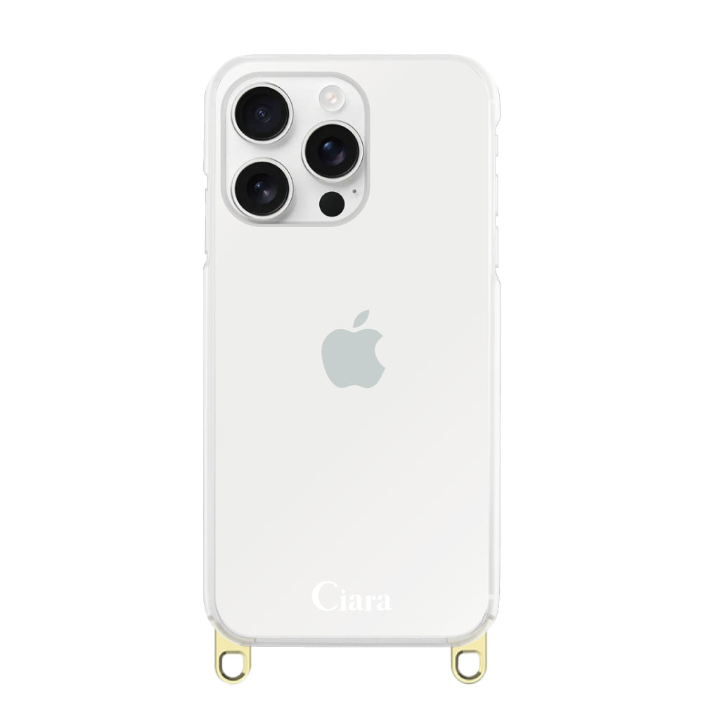 iPhone16ProMax ストラップクリアケース ロゴ ゴールド