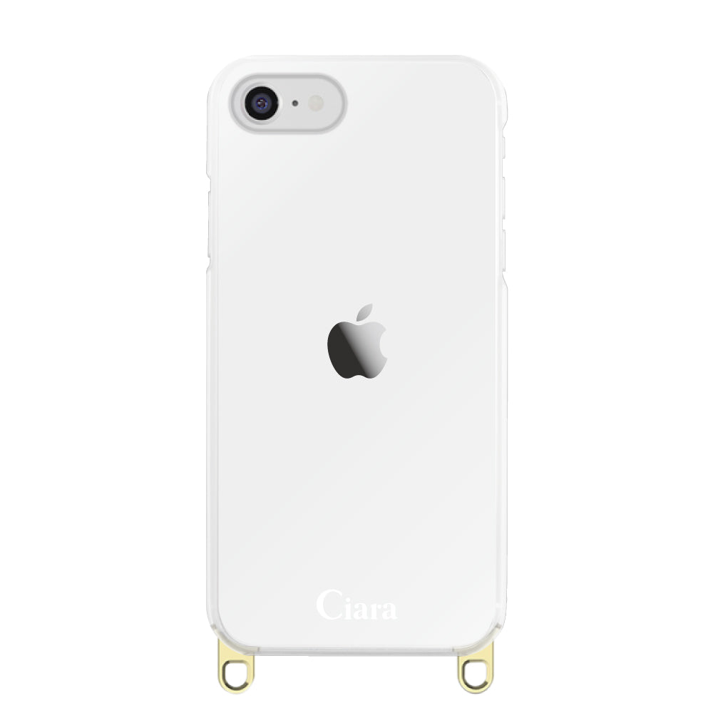 iPhone7/8/SE2/SE3 ストラップクリアケース ロゴ ゴールド
