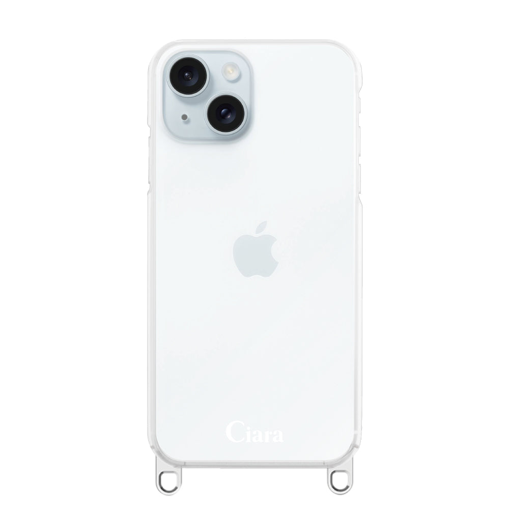 iPhone15Plus ストラップクリアケース ロゴ シルバー