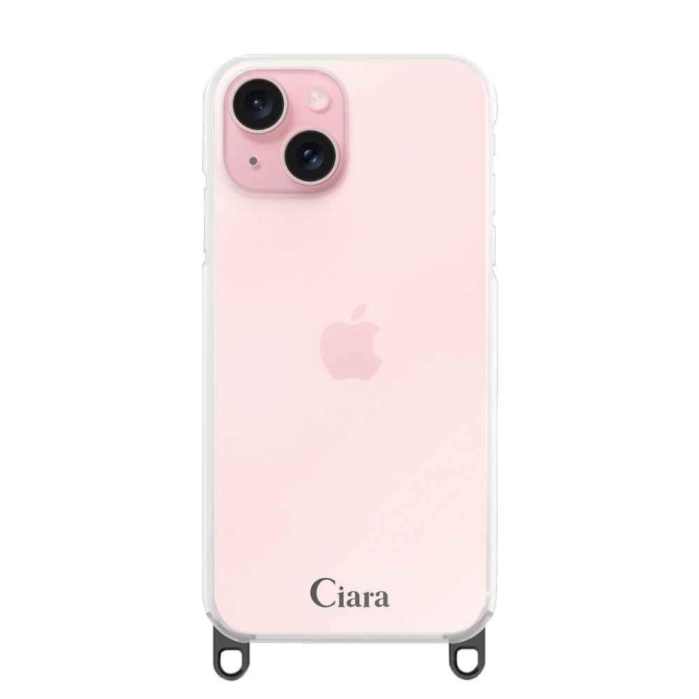 iPhone15 ストラップクリアケース ロゴ ブラック