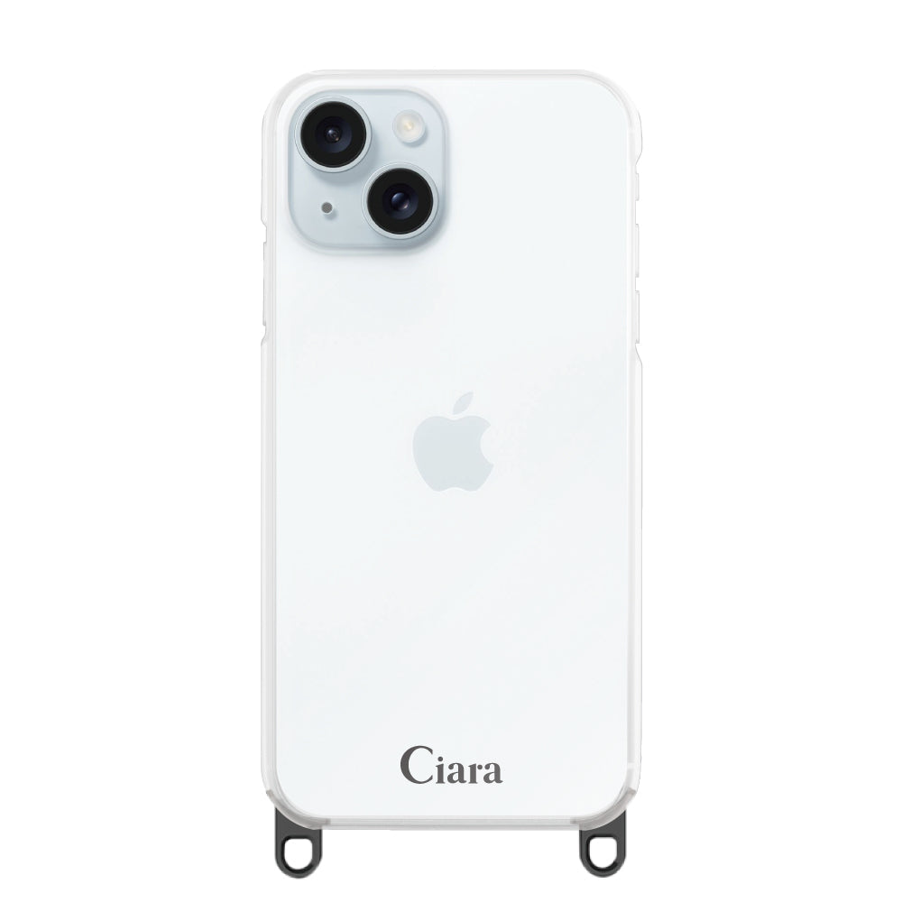 iPhone15Plus ストラップクリアケース ロゴ ブラック