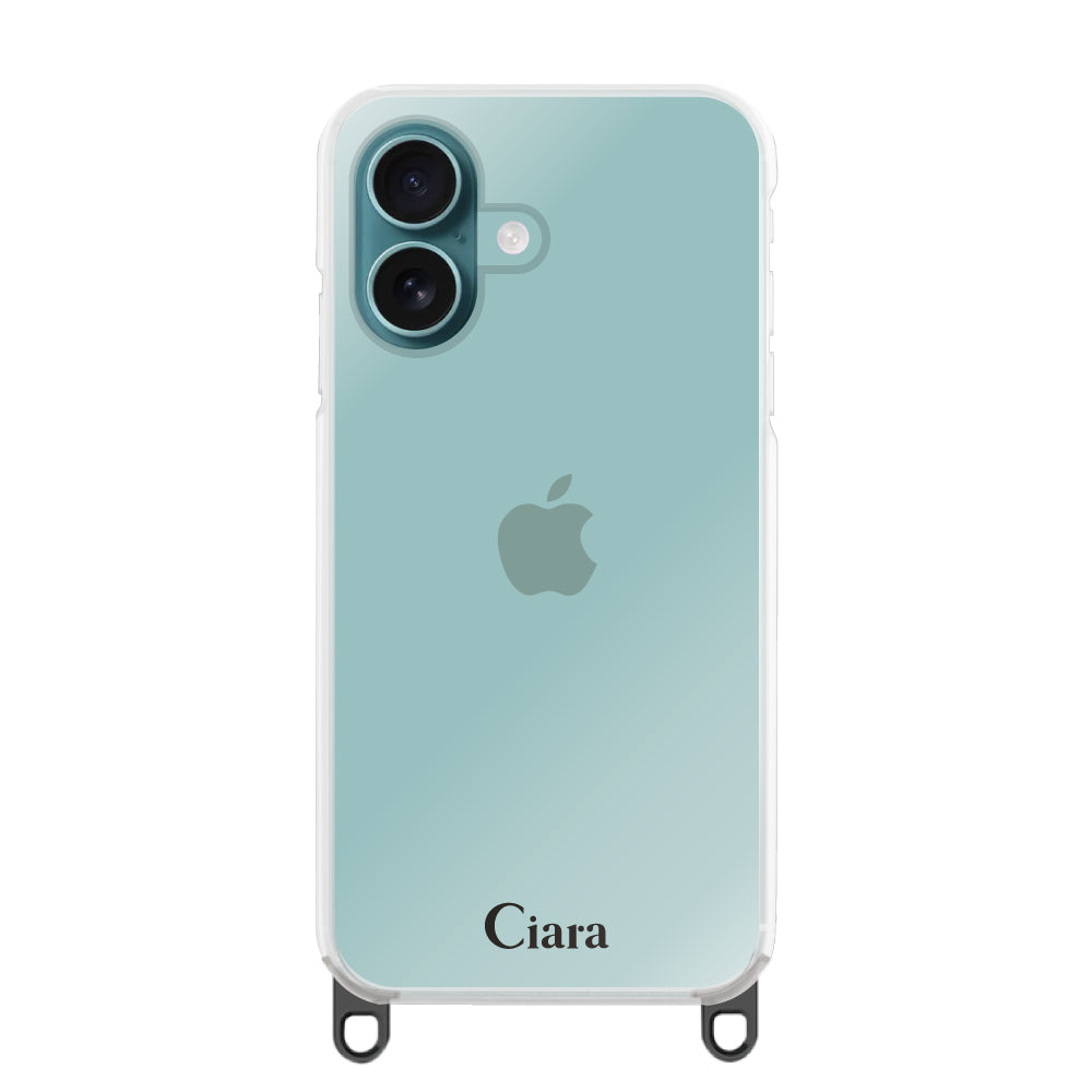 iPhone16Plus ストラップクリアケース ロゴ ブラック