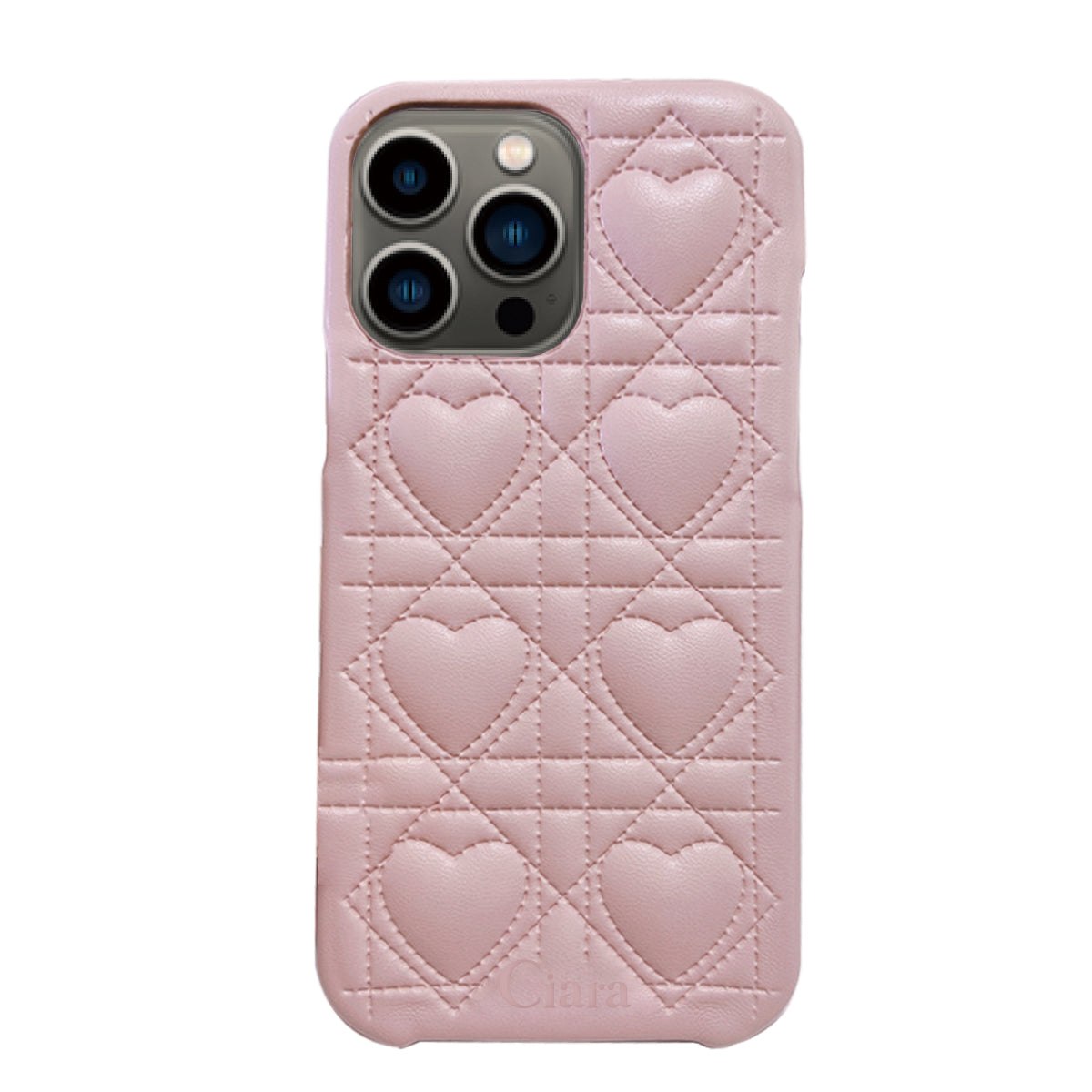 iPhone13Pro ハートキルティングPU レザーケース ロゴ ピンク