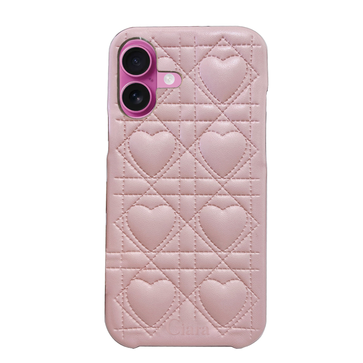 iPhone16Plus ハートキルティングPU レザーケース ロゴ ピンク