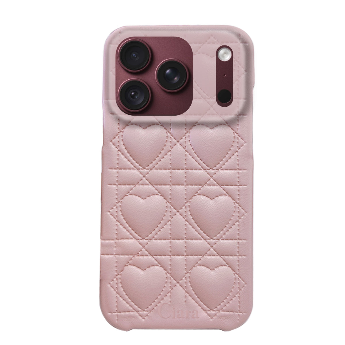 iPhone18Pro/17Pro ハートキルティングPU レザーケース ロゴ ピンク