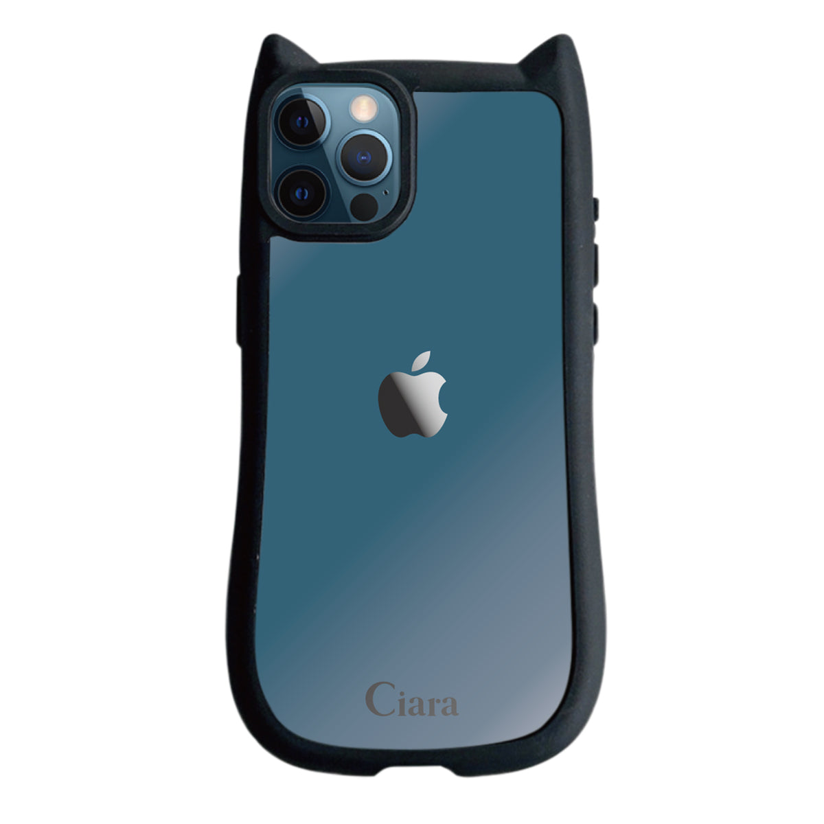 iPhone12ProMax ネコミミグリップ 耐衝撃クリアケース ロゴ ブラック