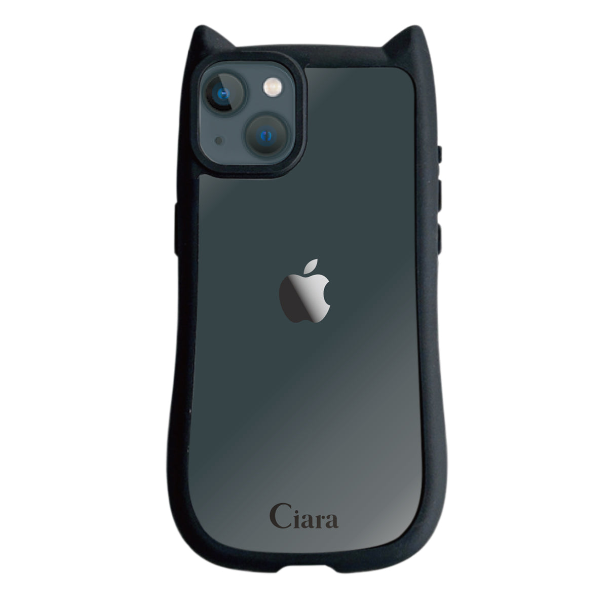 iPhone13mini ネコミミグリップ 耐衝撃クリアケース ロゴ ブラック