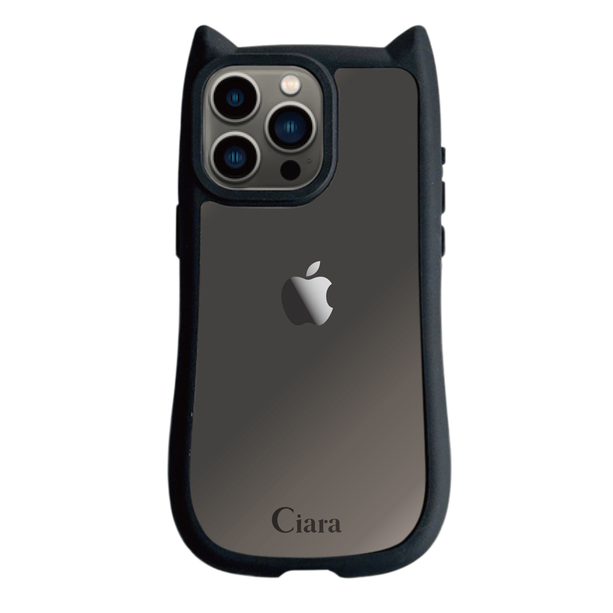 iPhone13Pro ネコミミグリップ 耐衝撃クリアケース ロゴ ブラック