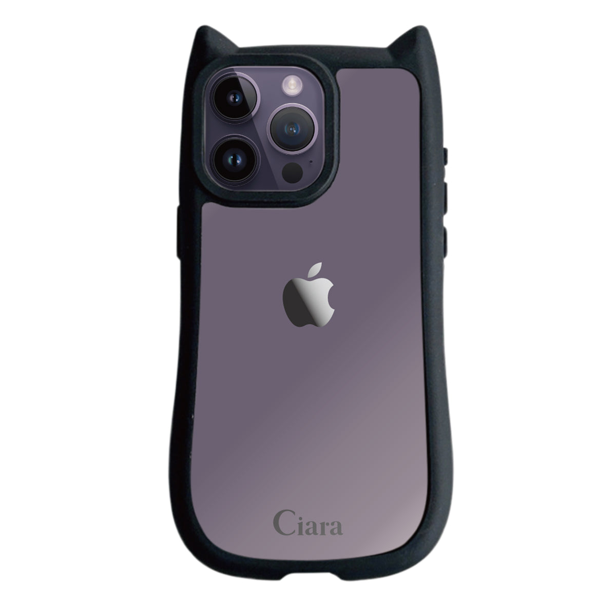 iPhone14ProMax ネコミミグリップ 耐衝撃クリアケース ロゴ ブラック