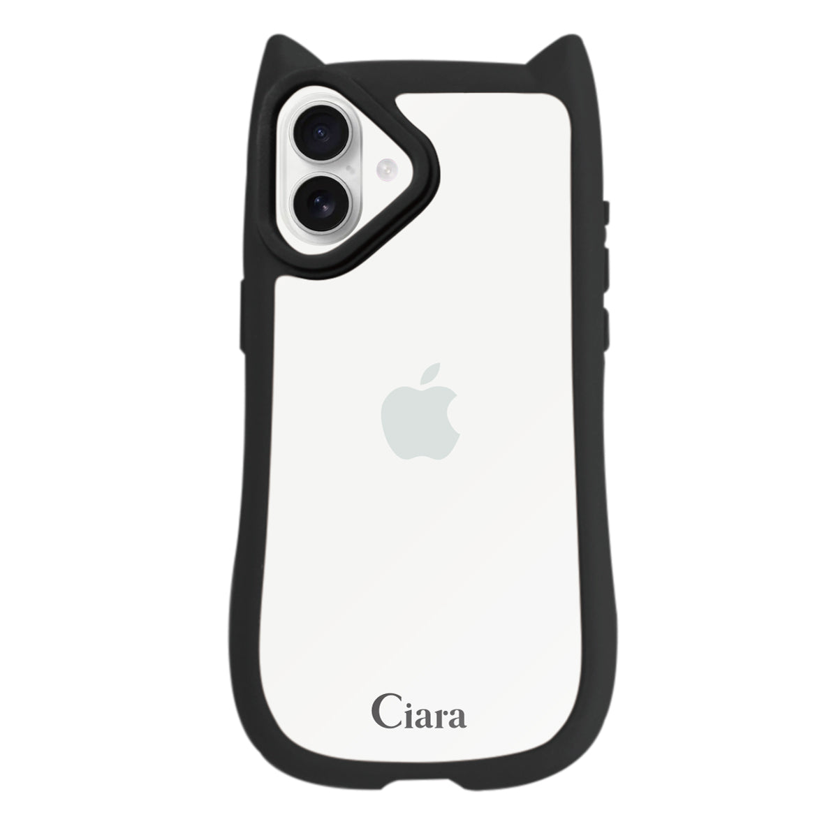 iPhone16 ネコミミグリップ 耐衝撃クリアケース ロゴ ブラック