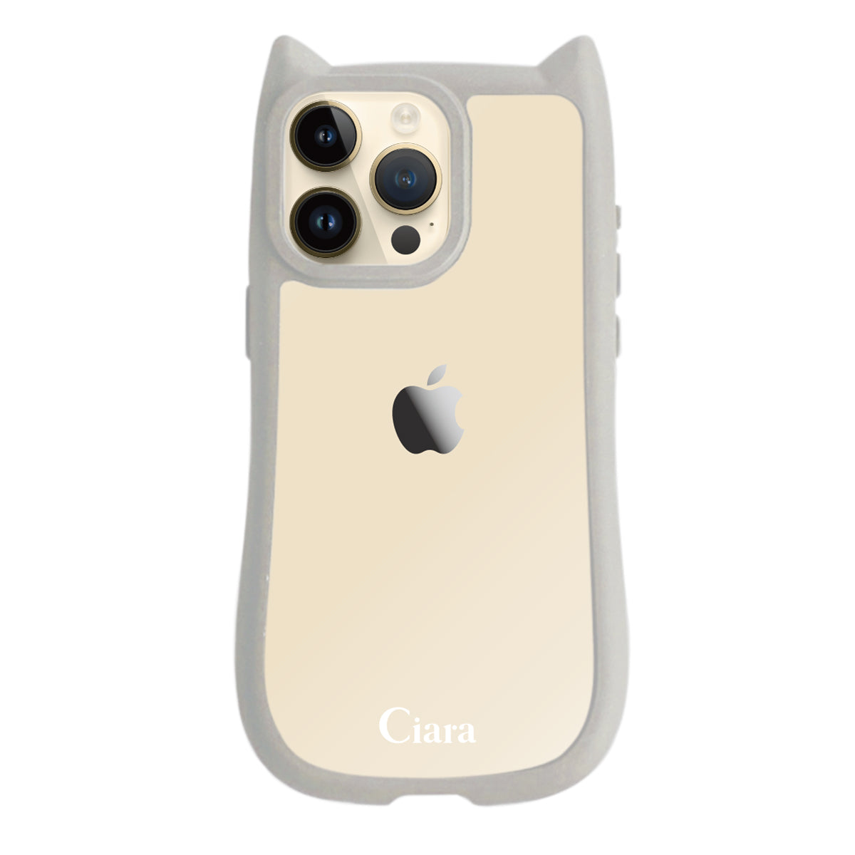 iPhone14Pro ネコミミグリップ 耐衝撃クリアケース ロゴ グレー