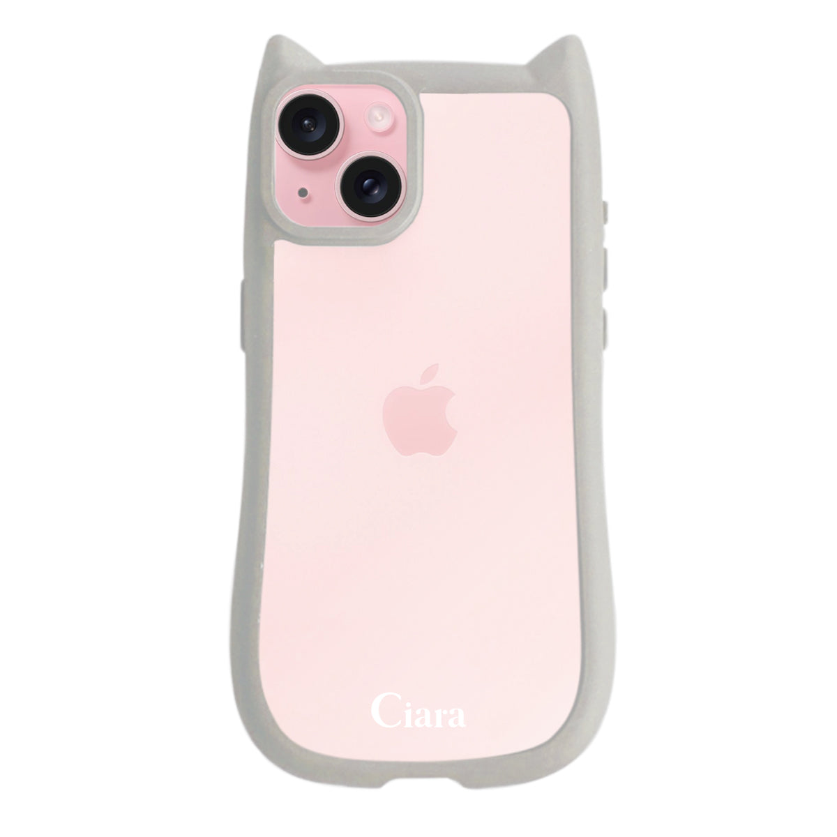 iPhone15 ネコミミグリップ 耐衝撃クリアケース ロゴ グレー