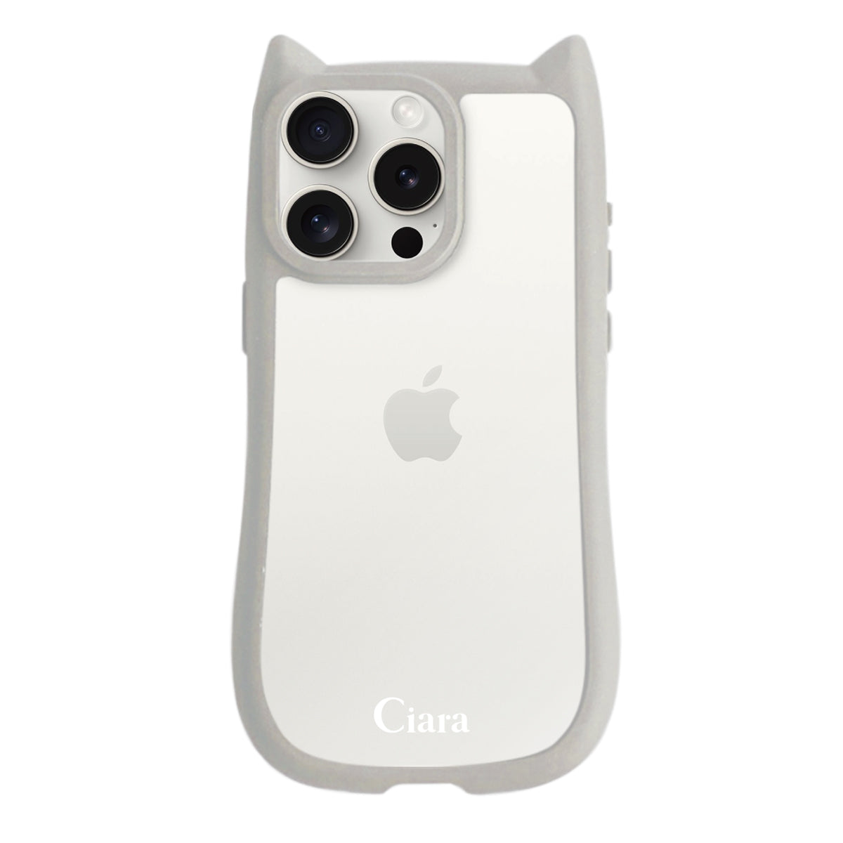 iPhone15ProMax ネコミミグリップ 耐衝撃クリアケース ロゴ グレー