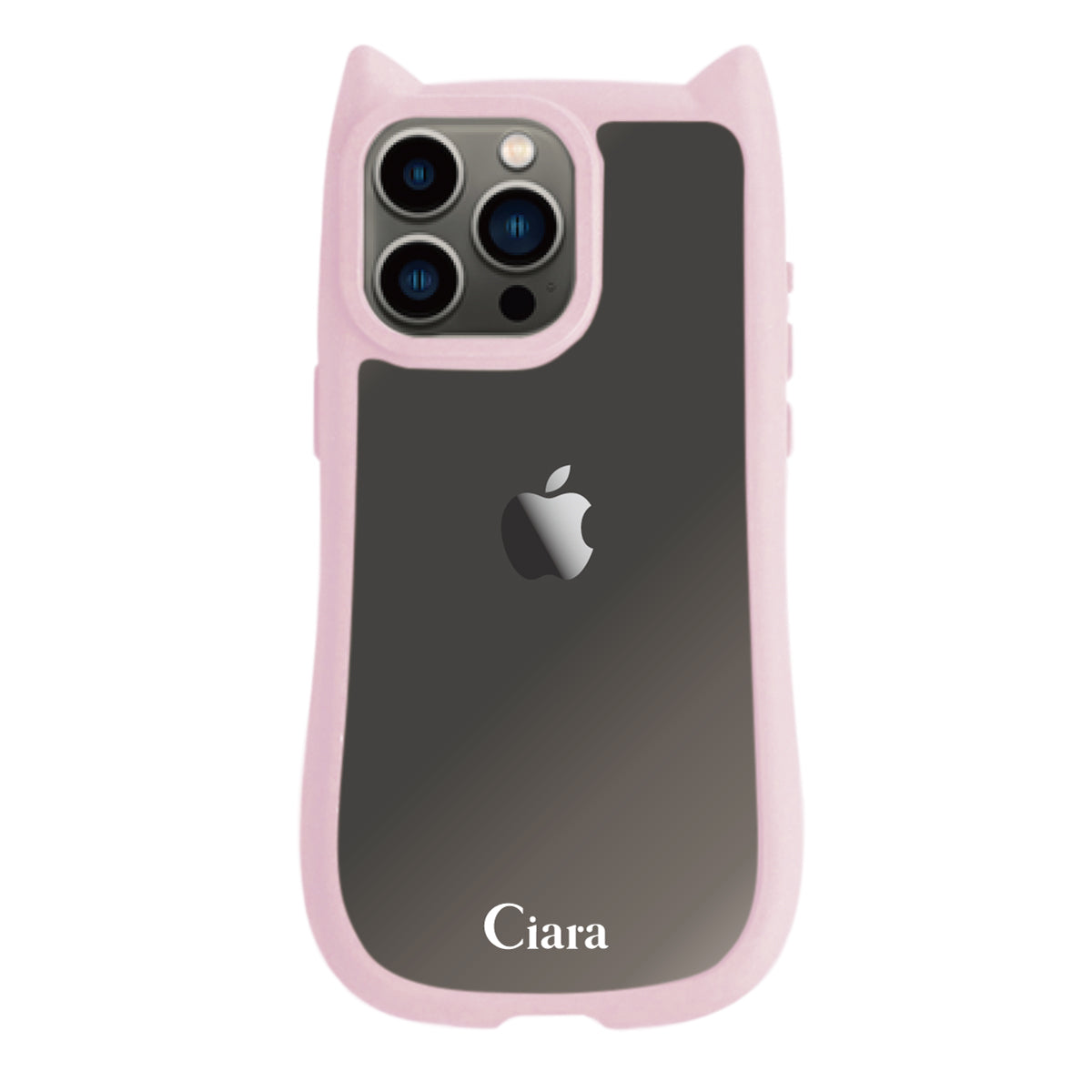 iPhone13Pro ネコミミグリップ 耐衝撃クリアケース ロゴ ピンク