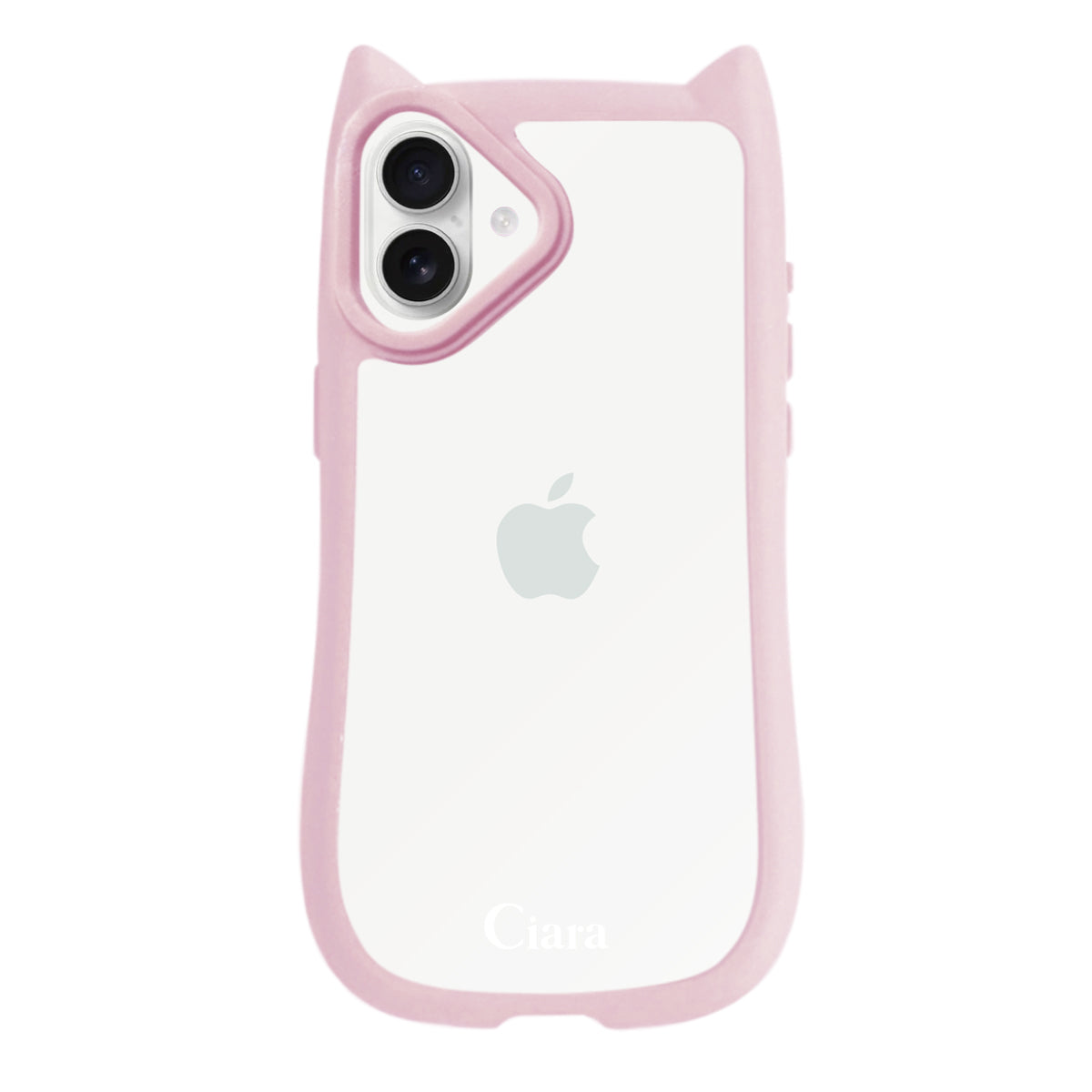 iPhone16 ネコミミグリップ 耐衝撃クリアケース ロゴ ピンク