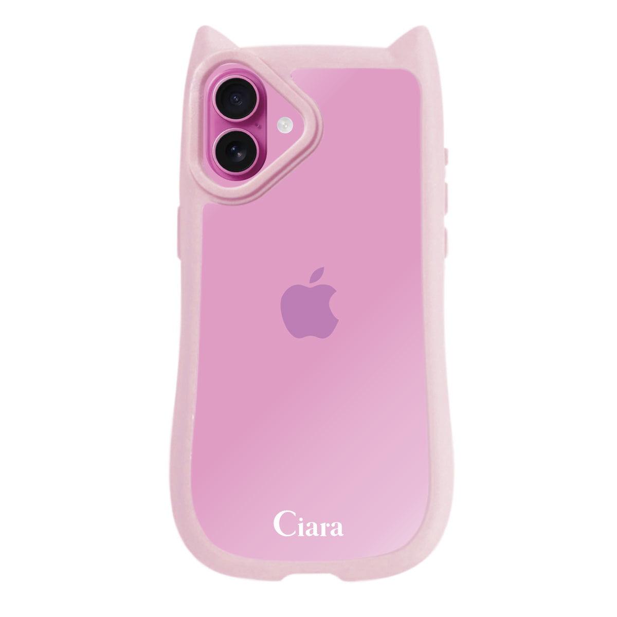 iPhone16Plus ネコミミグリップ 耐衝撃クリアケース ロゴ ピンク