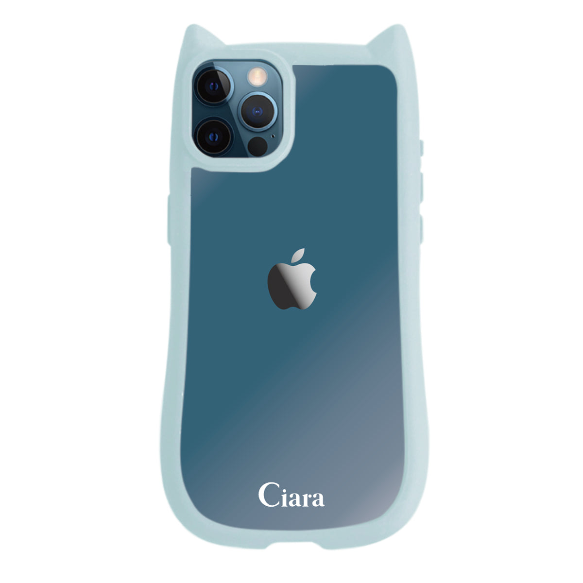 iPhone12ProMax ネコミミグリップ 耐衝撃クリアケース ロゴ ブルー
