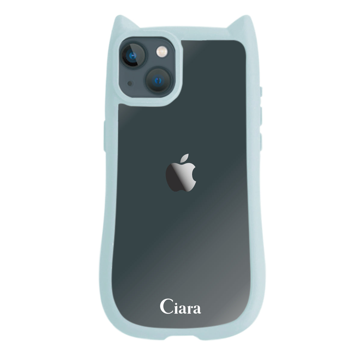 iPhone13mini ネコミミグリップ 耐衝撃クリアケース ロゴ ブルー