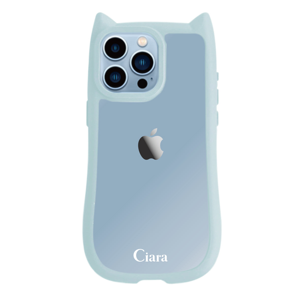 iPhone13ProMax ネコミミグリップ 耐衝撃クリアケース ロゴ ブルー